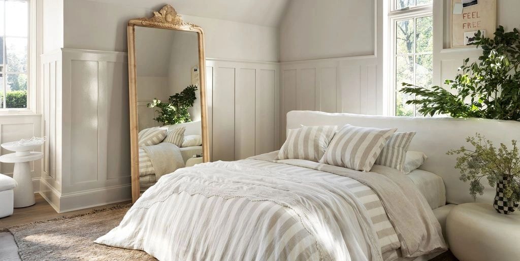 Minimalist bedroom with striped bedding and natural light